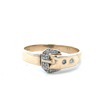 9ct yellow gold diamond buckle ring, size R, featuring a sparkling diamond accent and a stylish gold buckle design.