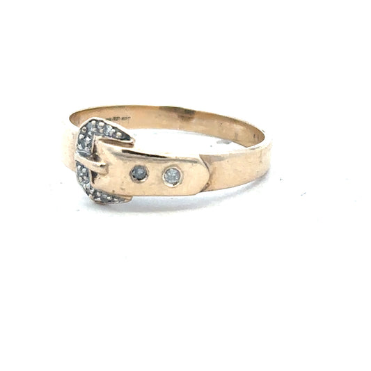 9ct yellow gold diamond buckle ring in size R, featuring a sparkling diamond accent and a polished gold finish.