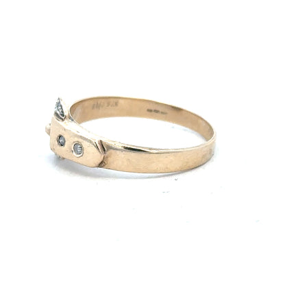 9ct yellow gold diamond buckle ring in size R, featuring a polished gold band with a decorative diamond-encrusted buckle detail.