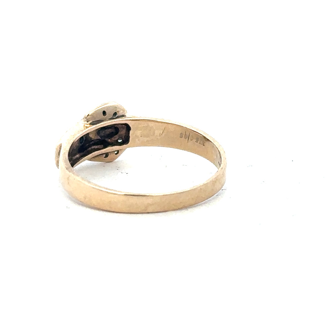 9ct yellow gold diamond buckle ring in size R with sparkling diamonds, featuring a stylish buckle design.