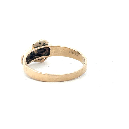 9ct yellow gold diamond buckle ring in size R with sparkling diamonds, featuring a stylish buckle design.