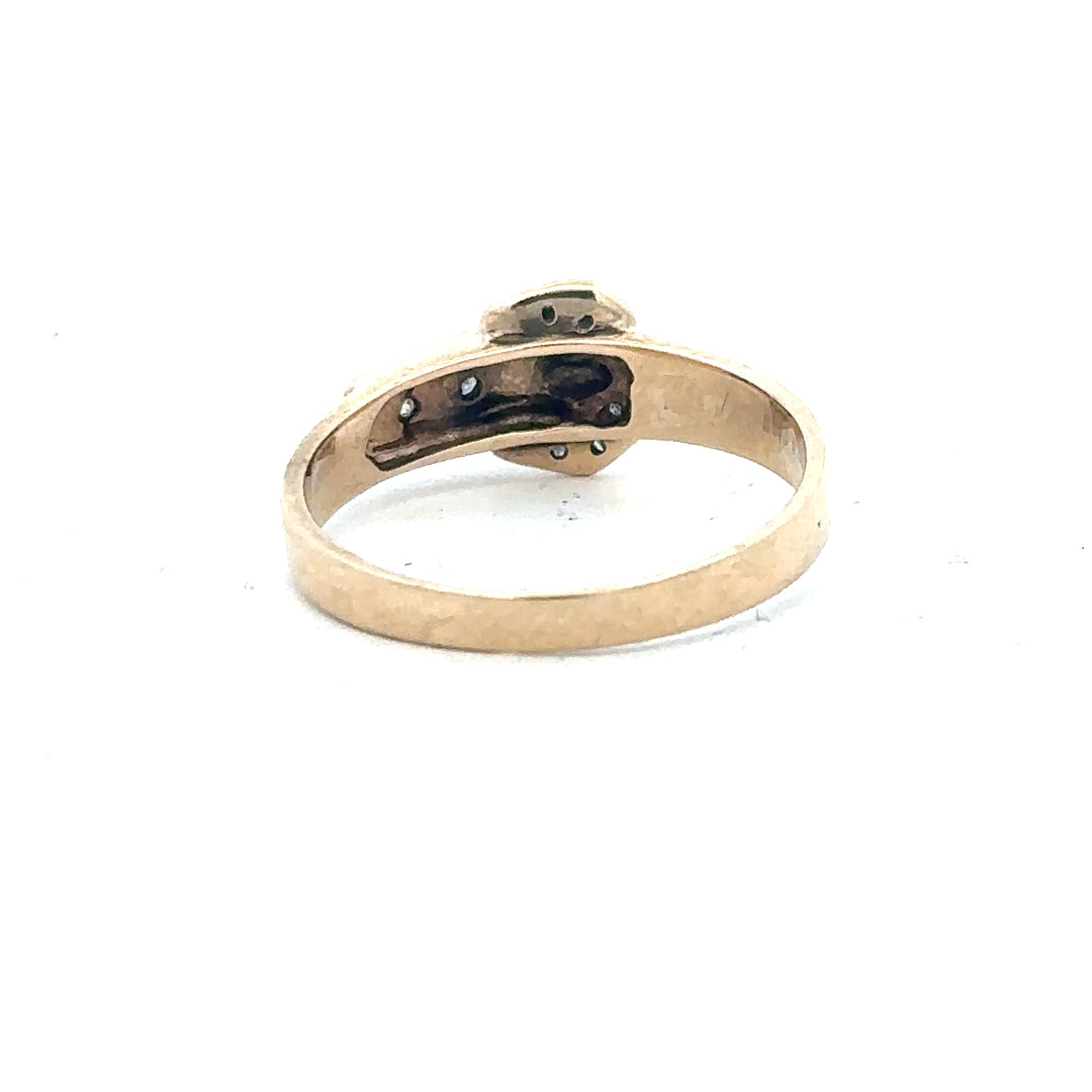 9ct yellow gold diamond buckle ring in size R, featuring a polished gold band with a decorative diamond-set buckle design.