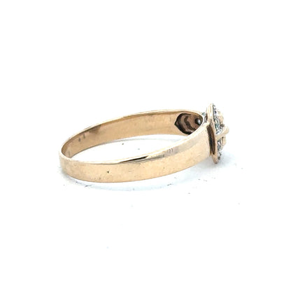 9ct yellow gold diamond buckle ring in size R, featuring a sparkling diamond accent and elegant design.