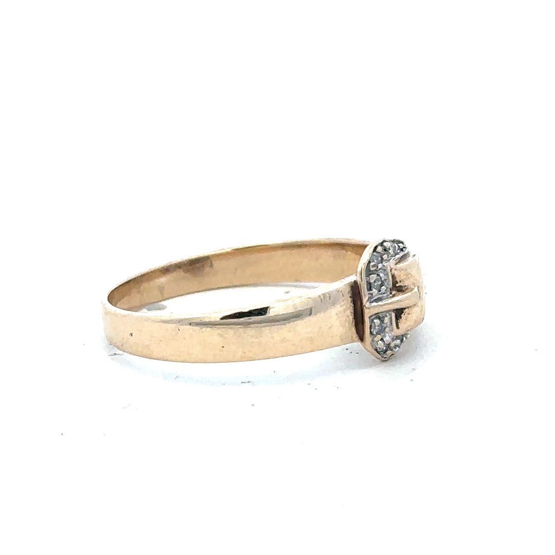 9ct yellow gold diamond buckle ring in size R with sparkling diamonds, featuring a stylish and elegant design.