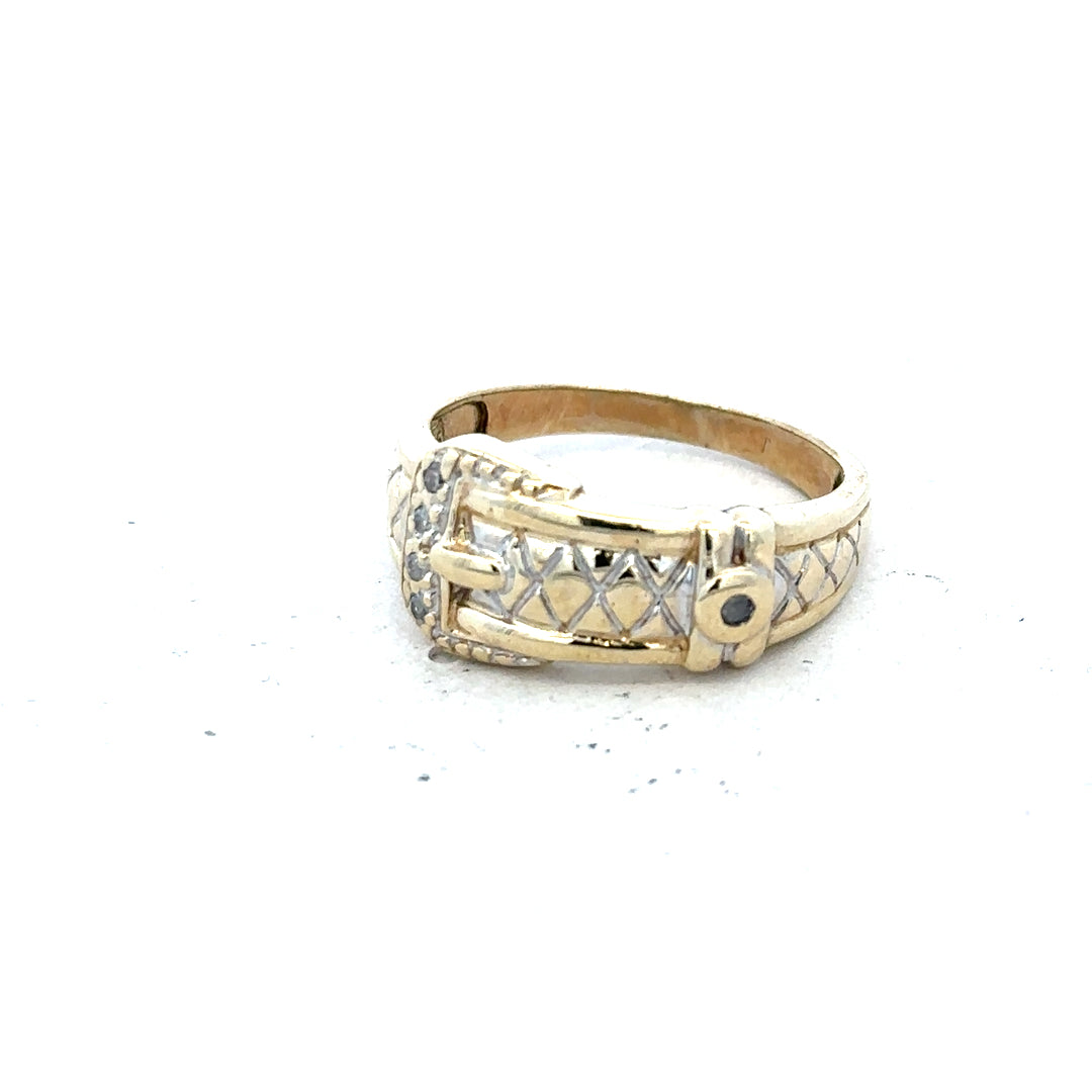 9ct yellow gold diamond buckle ring in size R with sparkling diamonds, showcasing elegant jewelry design.