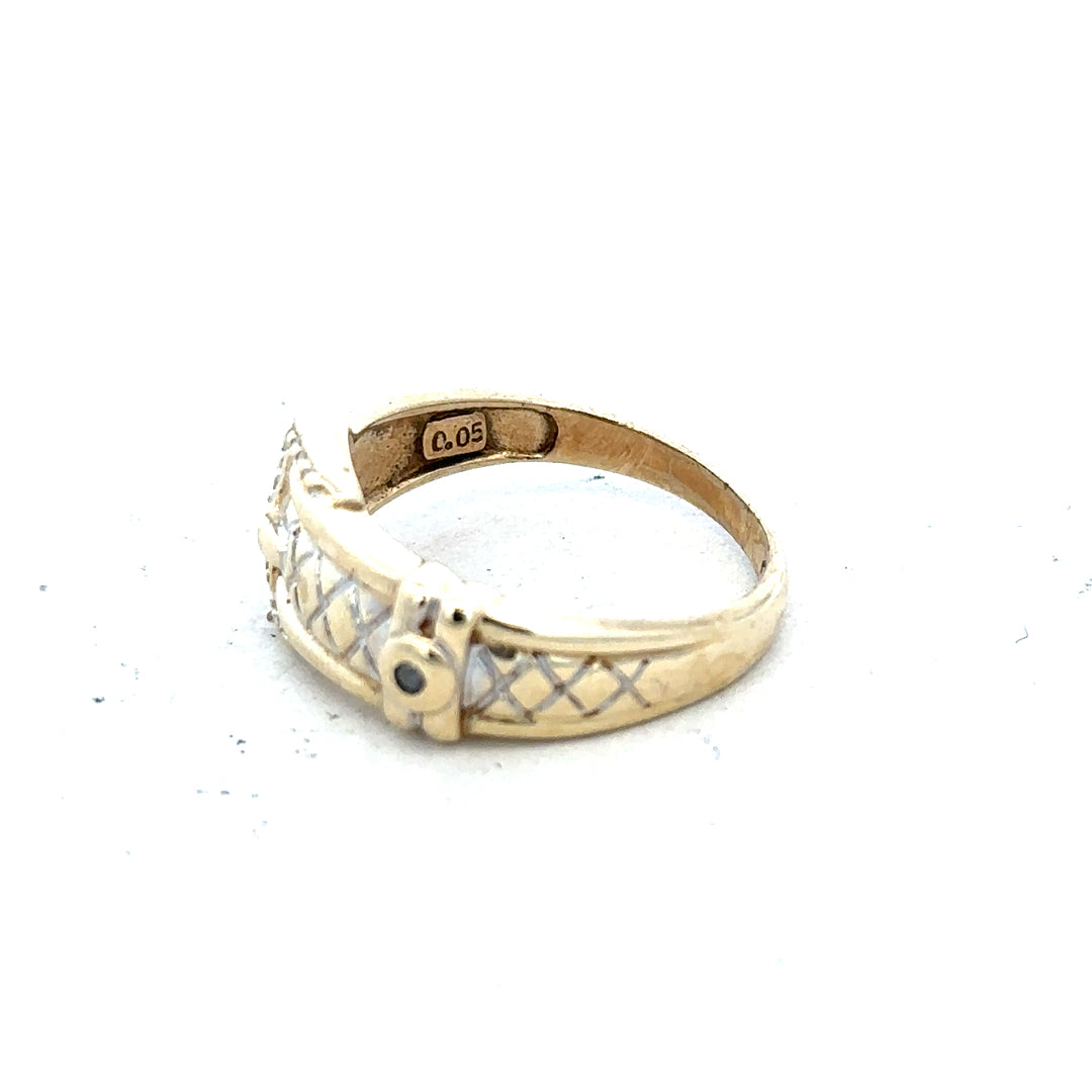 9ct yellow gold diamond buckle ring in size R with sparkling diamonds, showcasing elegant jewelry design.