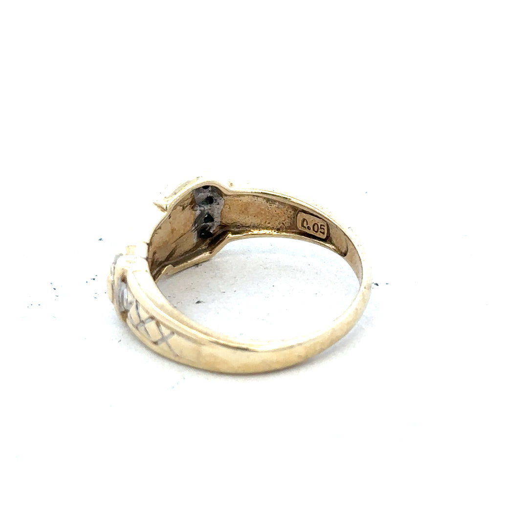 9ct yellow gold diamond buckle ring in size R with a detailed gold and diamond design, unbranded jewelry.