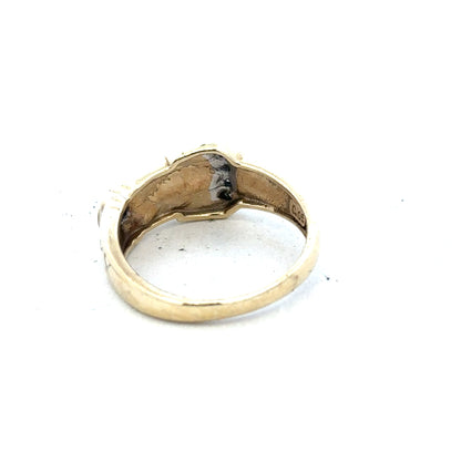 9ct yellow gold diamond buckle ring in size R with sparkling diamonds, crafted with elegant design and quality craftsmanship.