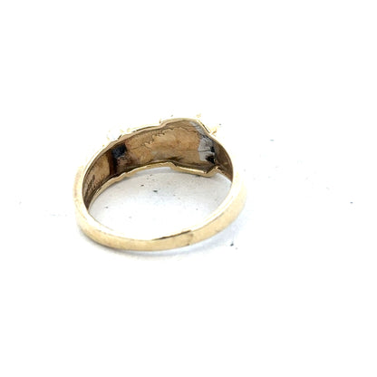 9ct yellow gold diamond buckle ring in size R, featuring a polished gold band with a central diamond accent.