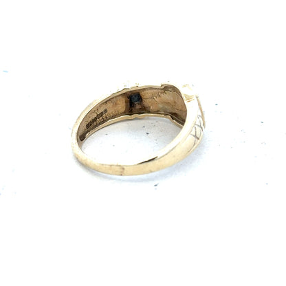 9ct yellow gold diamond buckle ring in size R, featuring a sleek design with sparkling diamonds and a polished finish.
