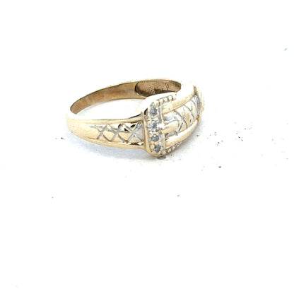 9ct yellow gold diamond buckle ring in size R, featuring a polished gold band with a diamond accent for elegant wear.