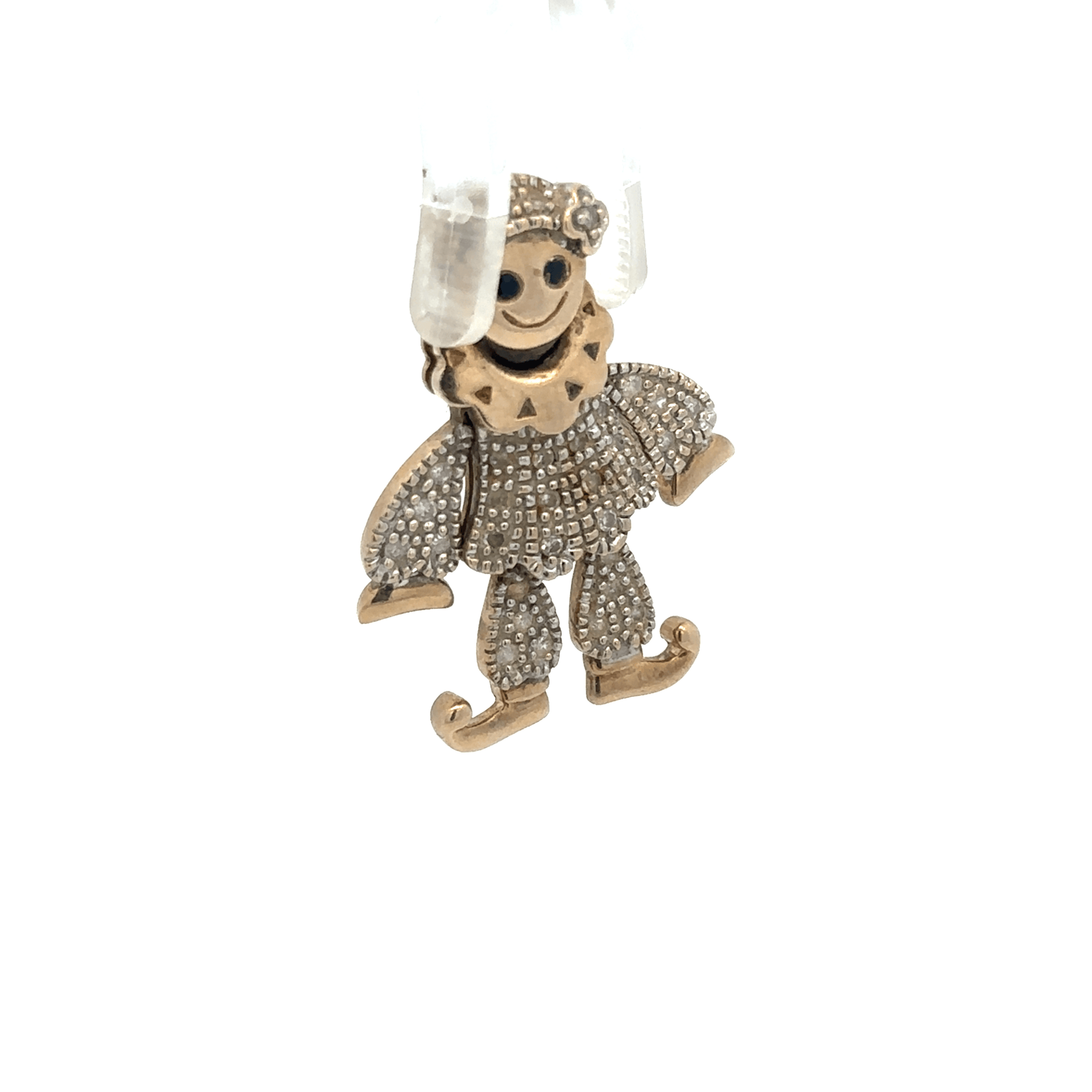 9ct yellow gold diamond clown pendant with sparkling diamonds, weighing 5.2g, featuring a playful clown design.