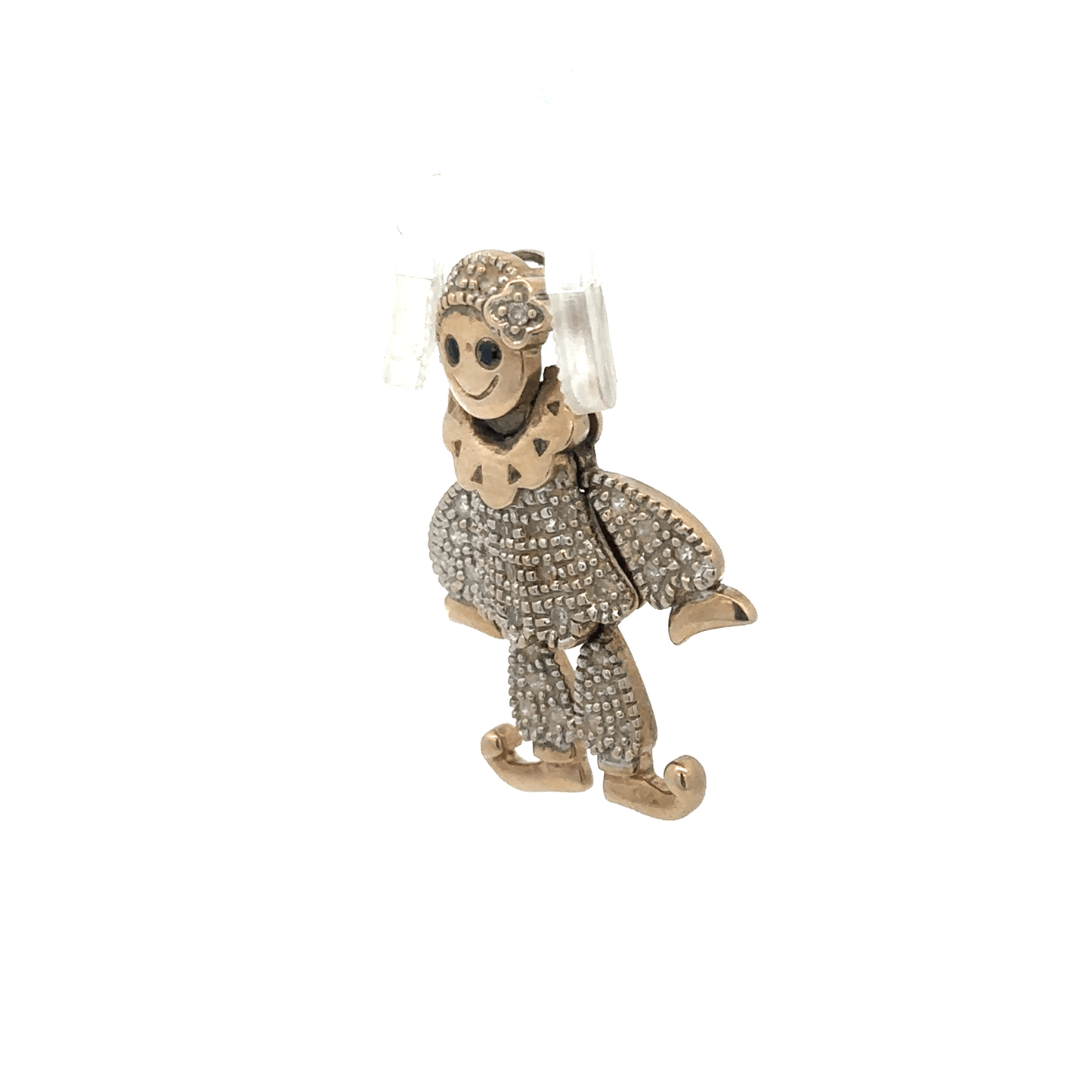 9ct yellow gold diamond clown pendant featuring sparkling diamonds and playful design, weighing 5.2 grams.