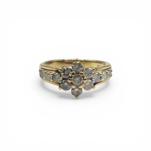 9ct yellow gold diamond cluster ring with sparkling diamonds, featuring a classic design and crafted by an unbranded manufacturer.
