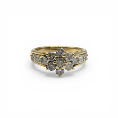 9ct yellow gold diamond cluster ring with sparkling diamonds, featuring a classic design and crafted by an unbranded manufacturer.
