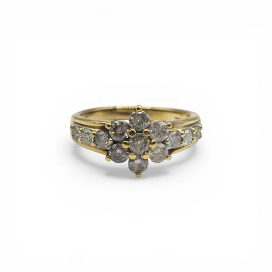 9ct yellow gold diamond cluster ring with sparkling diamonds, featuring a classic design and crafted by an unbranded manufacturer.