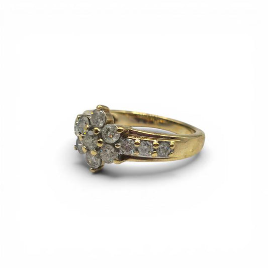 9ct yellow gold diamond cluster ring featuring sparkling diamonds set in a stylish design.