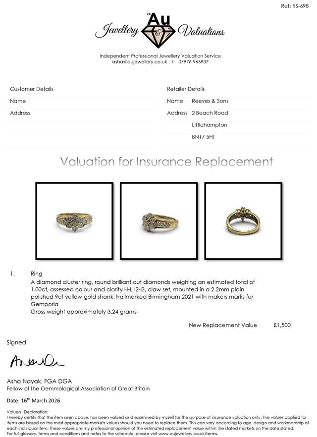 9ct yellow gold diamond cluster ring with sparkling stones, unbranded jewelry, showcasing a detailed close-up of the ring design.