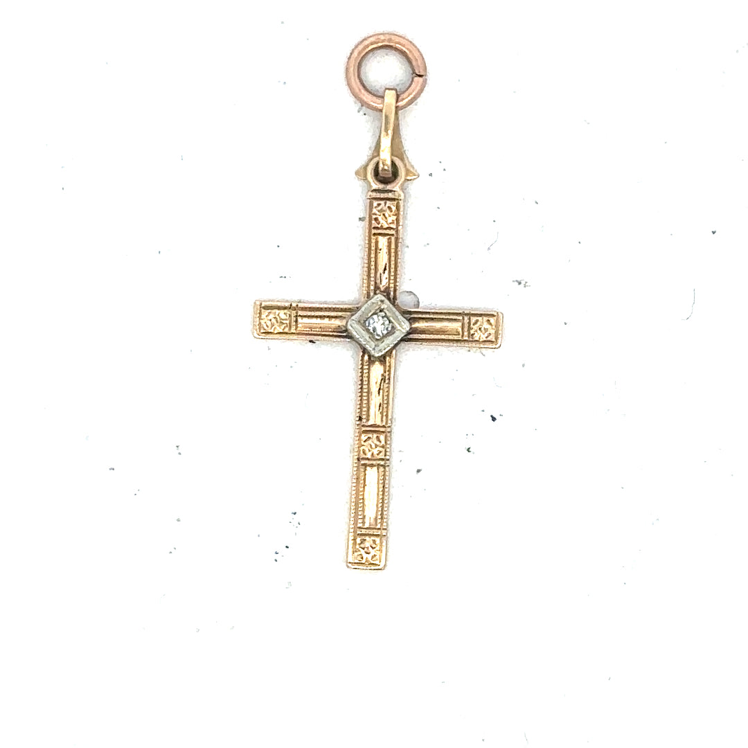 9ct yellow gold diamond cross pendant, unbranded, showcasing sparkling diamonds on a delicate gold chain.