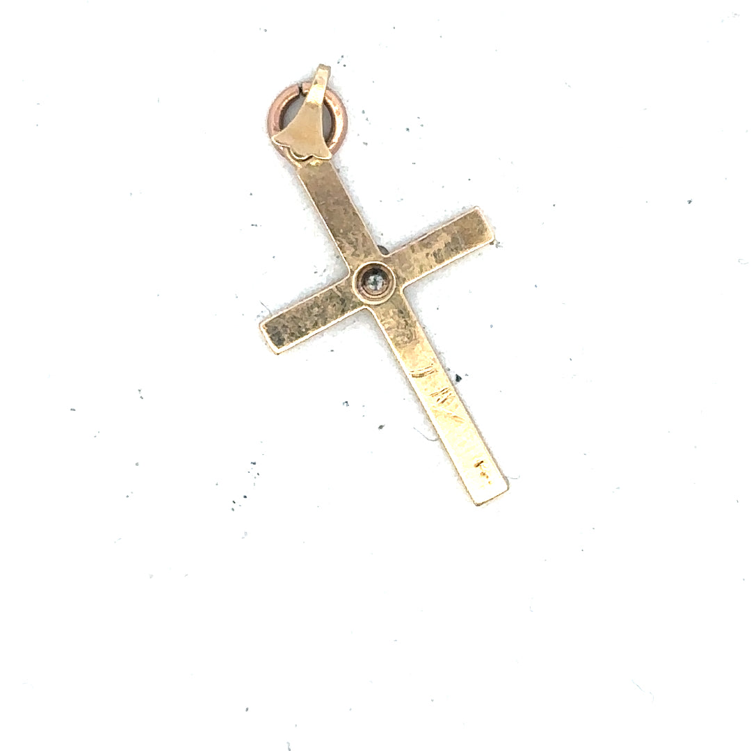 9ct yellow gold diamond cross pendant with sparkling diamonds, weighs 0.9g, showcasing elegant jewelry craftsmanship.