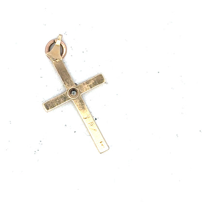 9ct yellow gold diamond cross pendant with sparkling diamonds, weighing 0.9g, featuring a classic religious jewelry design.