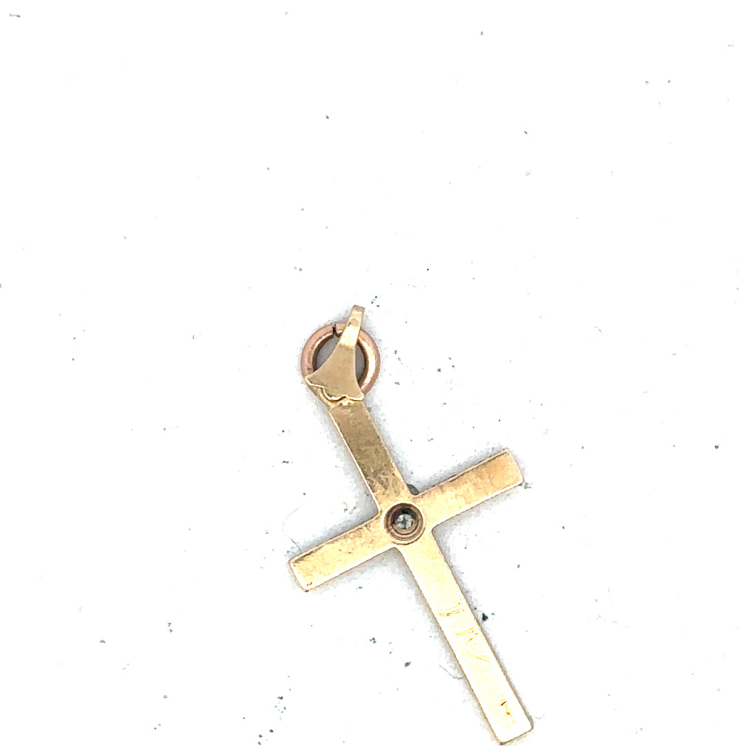 9ct yellow gold diamond cross pendant showcasing sparkling diamonds and intricate design, weighs 0.9 grams.