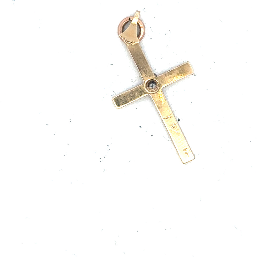 9ct yellow gold diamond cross pendant with sparkling diamonds, weighing 0.9g, featuring detailed craftsmanship and elegant design.