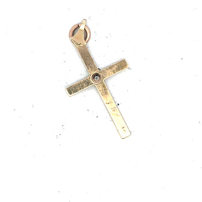 9ct yellow gold diamond cross pendant with sparkling diamonds, weighing 0.9g, elegant jewelry piece.