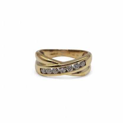 9ct yellow gold diamond crossover ring with sparkling diamonds and elegant design, showcasing the unbranded jewelry piece.