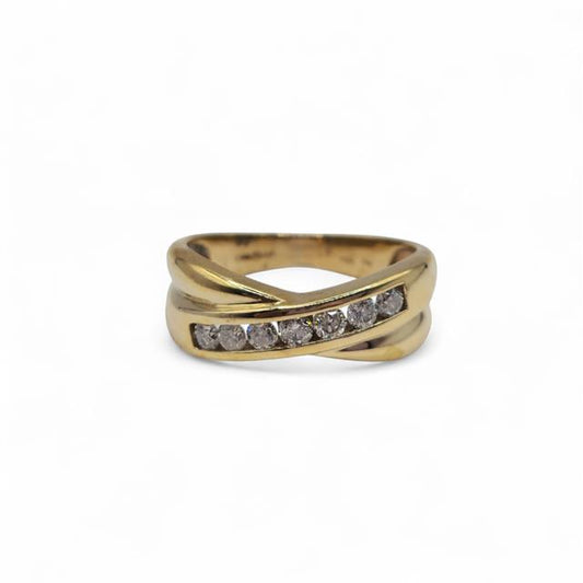 9ct yellow gold diamond crossover ring with sparkling diamonds and elegant design, showcasing the unbranded jewelry piece.