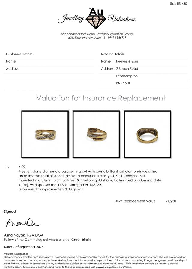 9ct yellow gold diamond crossover ring with sparkling diamonds, showcasing elegant design and craftsmanship.