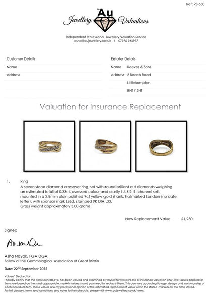 9ct yellow gold diamond crossover ring with sparkling diamonds, showcasing elegant design and craftsmanship.