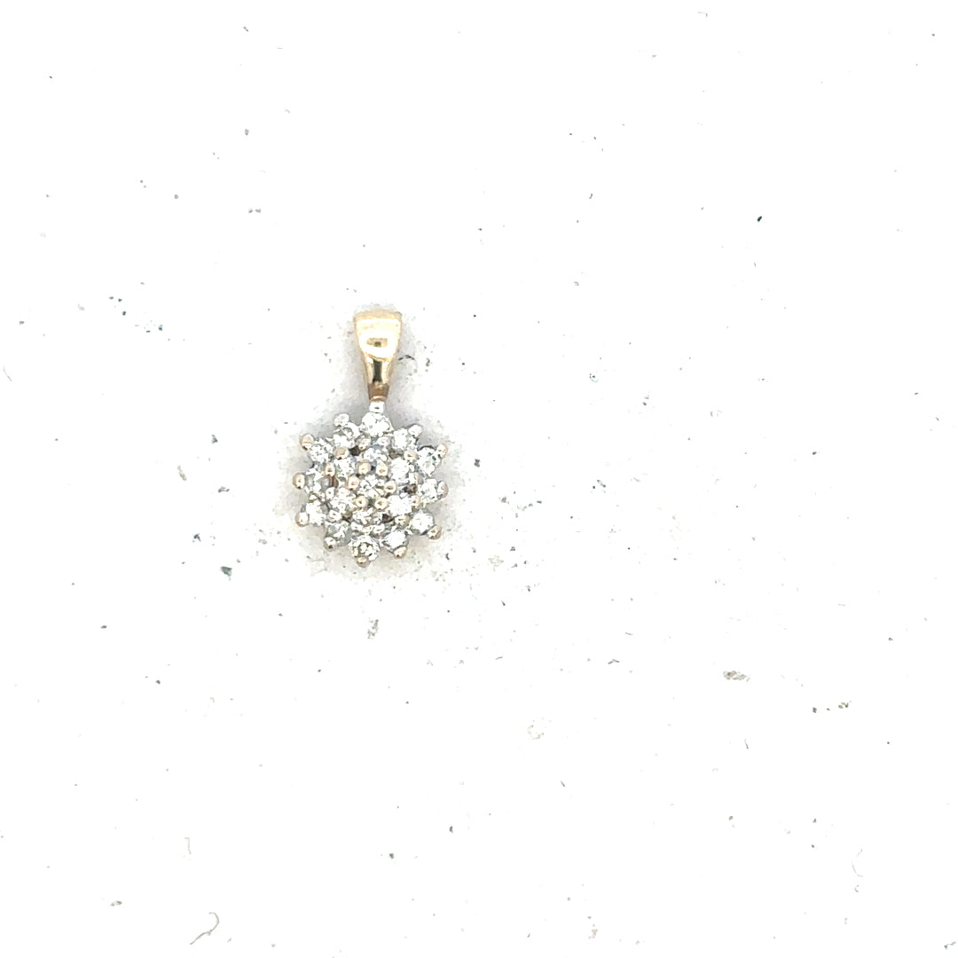 9ct yellow gold diamond pendant with delicate design, weighing 0.6g, showcased on a neutral background.