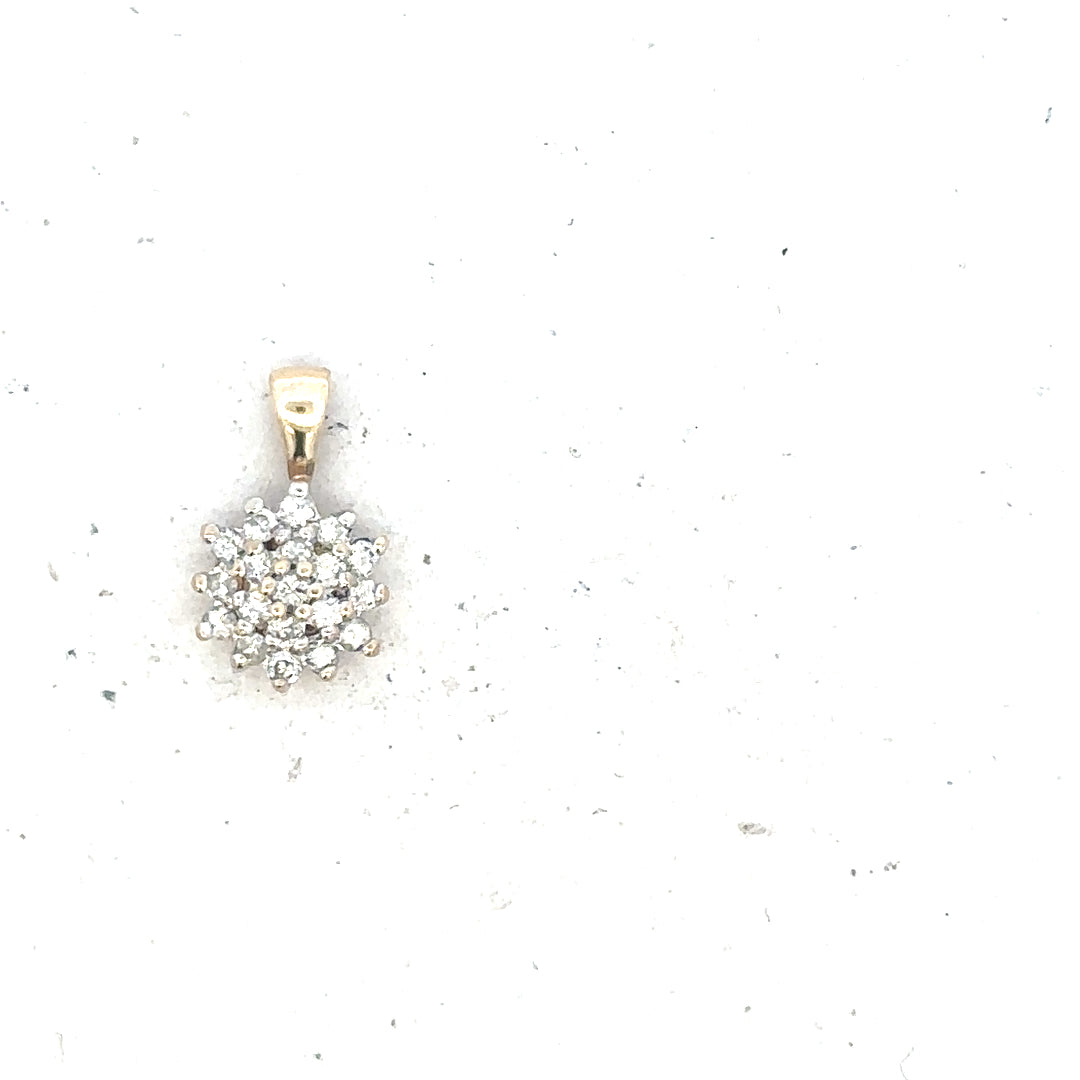 9ct yellow gold diamond pendant with a delicate design, weighing 0.6g, featuring sparkling diamonds on a simple chain.