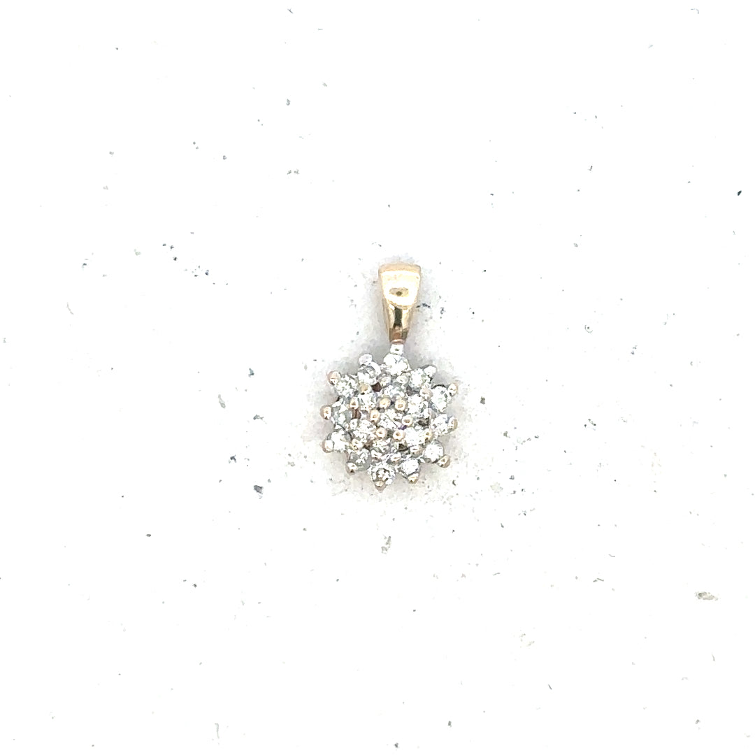 9ct yellow gold diamond pendant with sparkling diamonds, weighing 0.6g, featuring a sleek and elegant design.