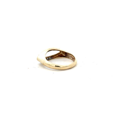 9ct yellow gold diamond ring in size J with sparkling diamonds, unbranded jewelry piece with elegant design.