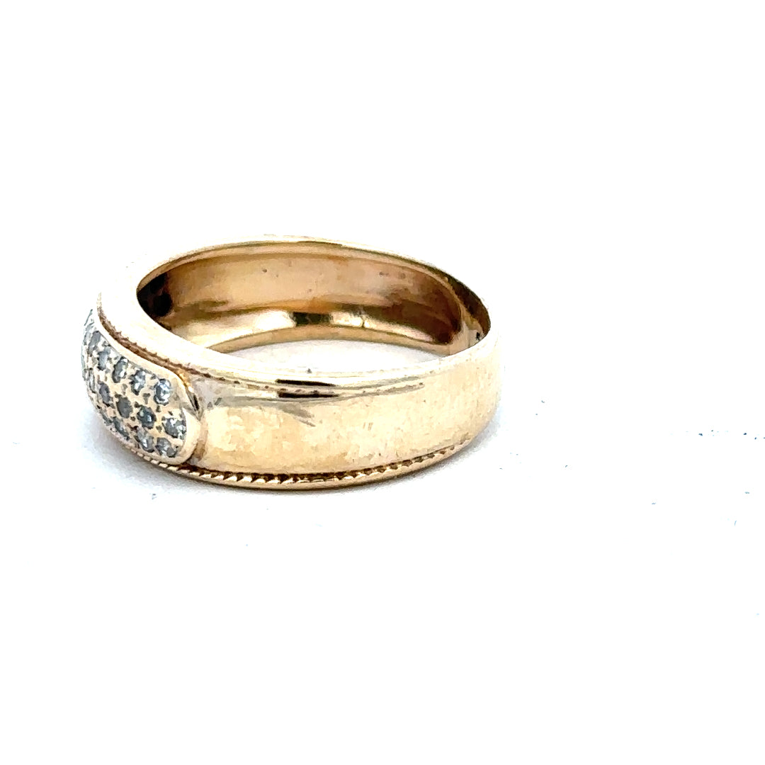 9ct yellow gold diamond ring in size M with sparkling diamonds, showcasing elegant jewelry craftsmanship.