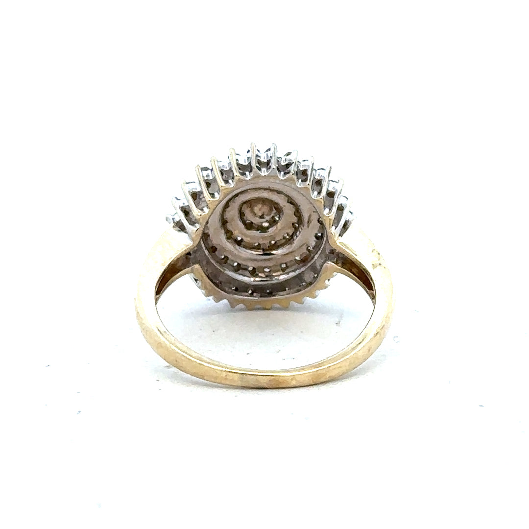 9ct yellow gold diamond ring in size M with sparkling diamonds, showcasing elegant jewelry design.