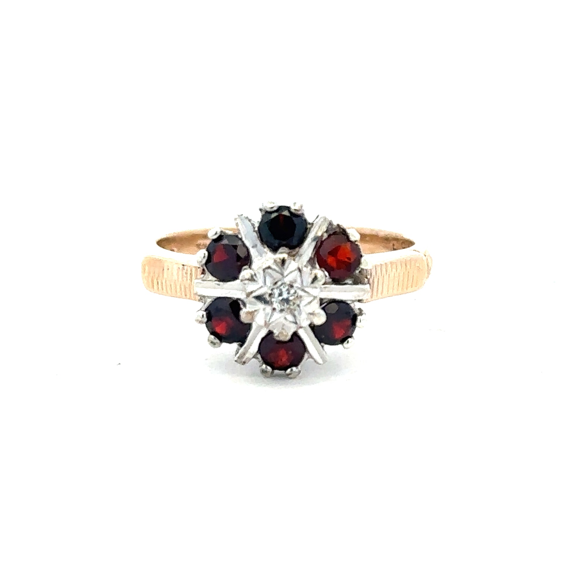 9ct yellow gold diamond ring in size M1/2 with sparkling diamonds, featuring an elegant design on a plain background.