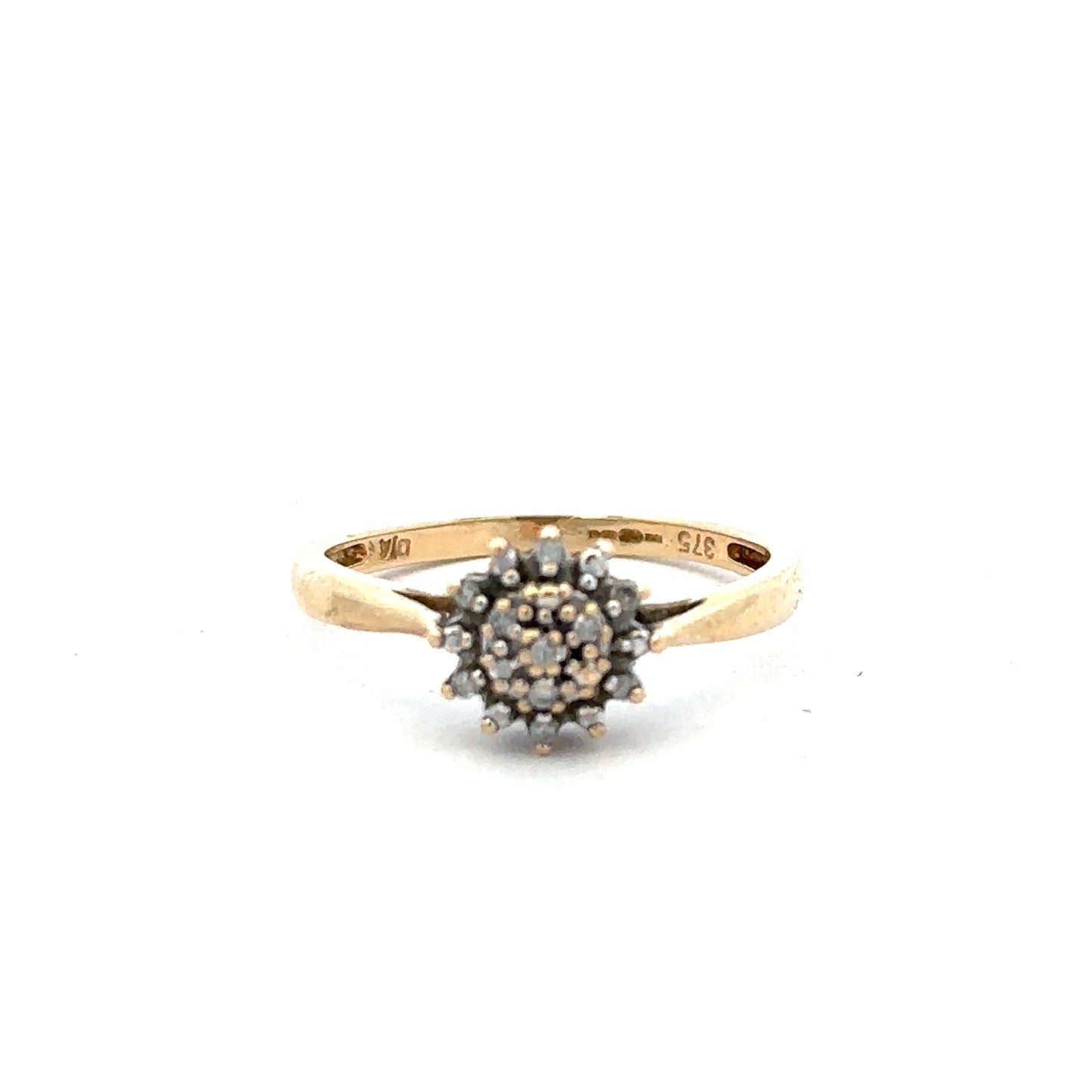 9ct yellow gold diamond ring in size M1/2, featuring a sparkling diamond setting and a smooth gold band.