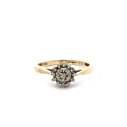 9ct yellow gold diamond ring in size M1/2, featuring a sparkling diamond setting and a smooth gold band.