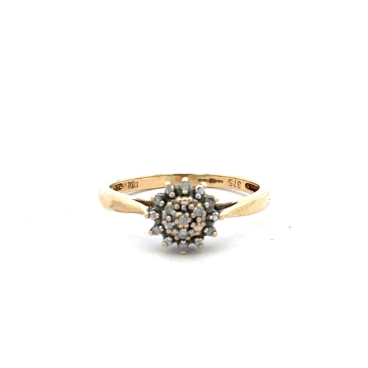 9ct yellow gold diamond ring in size M1/2, featuring a sparkling diamond setting and a smooth gold band.