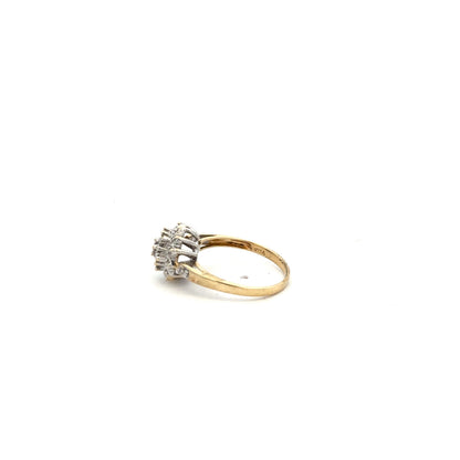 9ct yellow gold diamond ring in size N with sparkling diamonds, unbranded, showcasing elegant jewelry design.