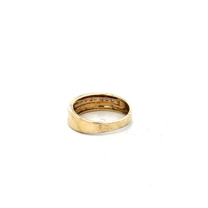 9ct yellow gold diamond ring in size P with sparkling diamonds, unbranded jewelry piece with intricate gold band design.