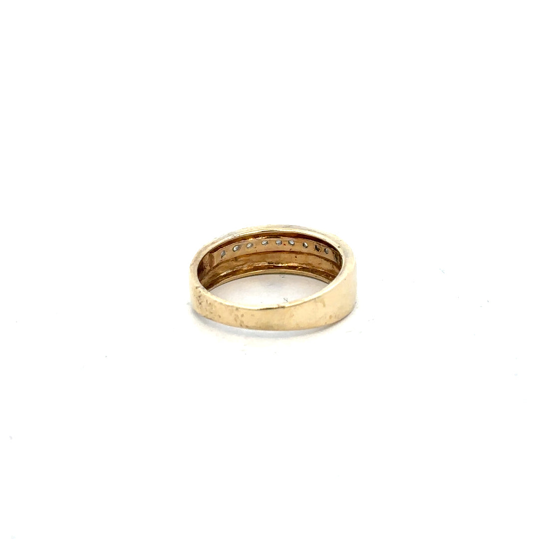 9ct yellow gold diamond ring in size P with sparkling diamonds, showcased on a plain background.