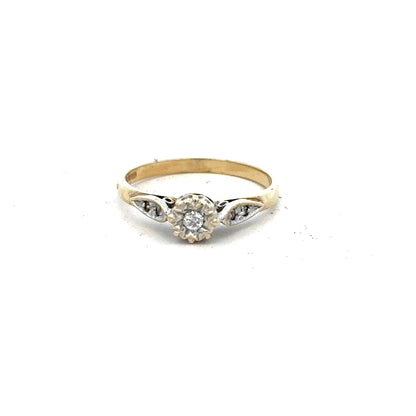 9ct yellow gold diamond ring in size P with sparkling diamonds, unbranded jewelry showcasing elegant craftsmanship.