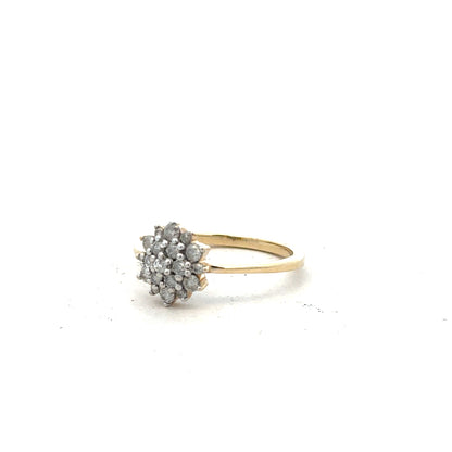 9ct yellow gold diamond ring in size R with sparkling diamonds, showcasing a classic elegant design.