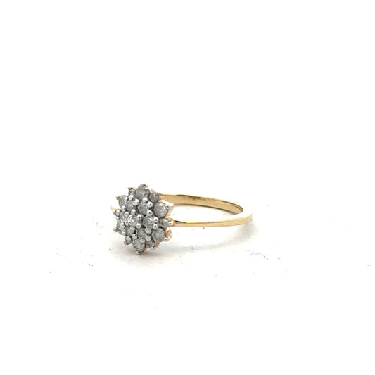 9ct yellow gold diamond ring in size R with sparkling diamonds, showcasing a classic elegant design.