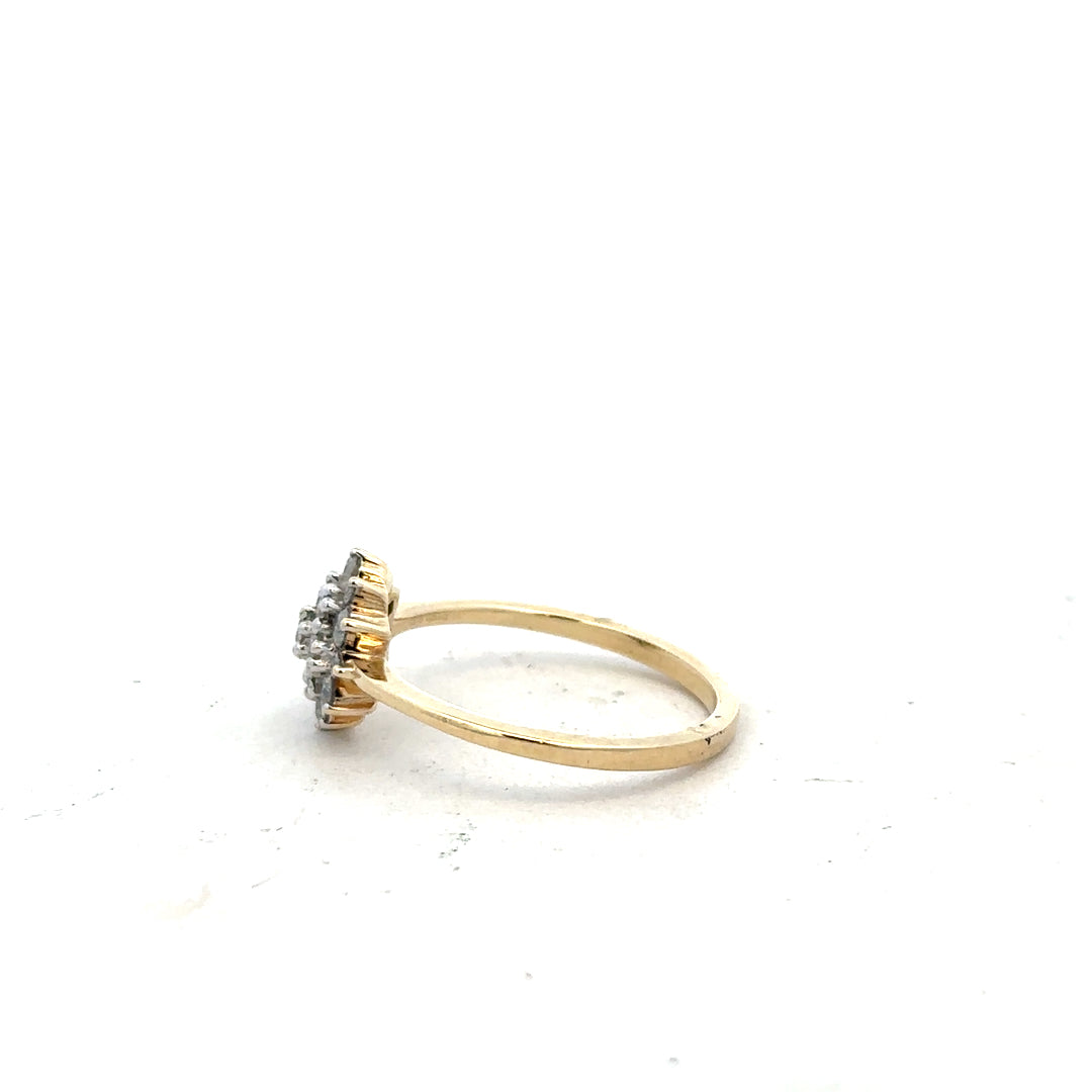 9ct yellow gold diamond ring in size R with sparkling diamonds, showcasing a elegant, classic jewelry design.