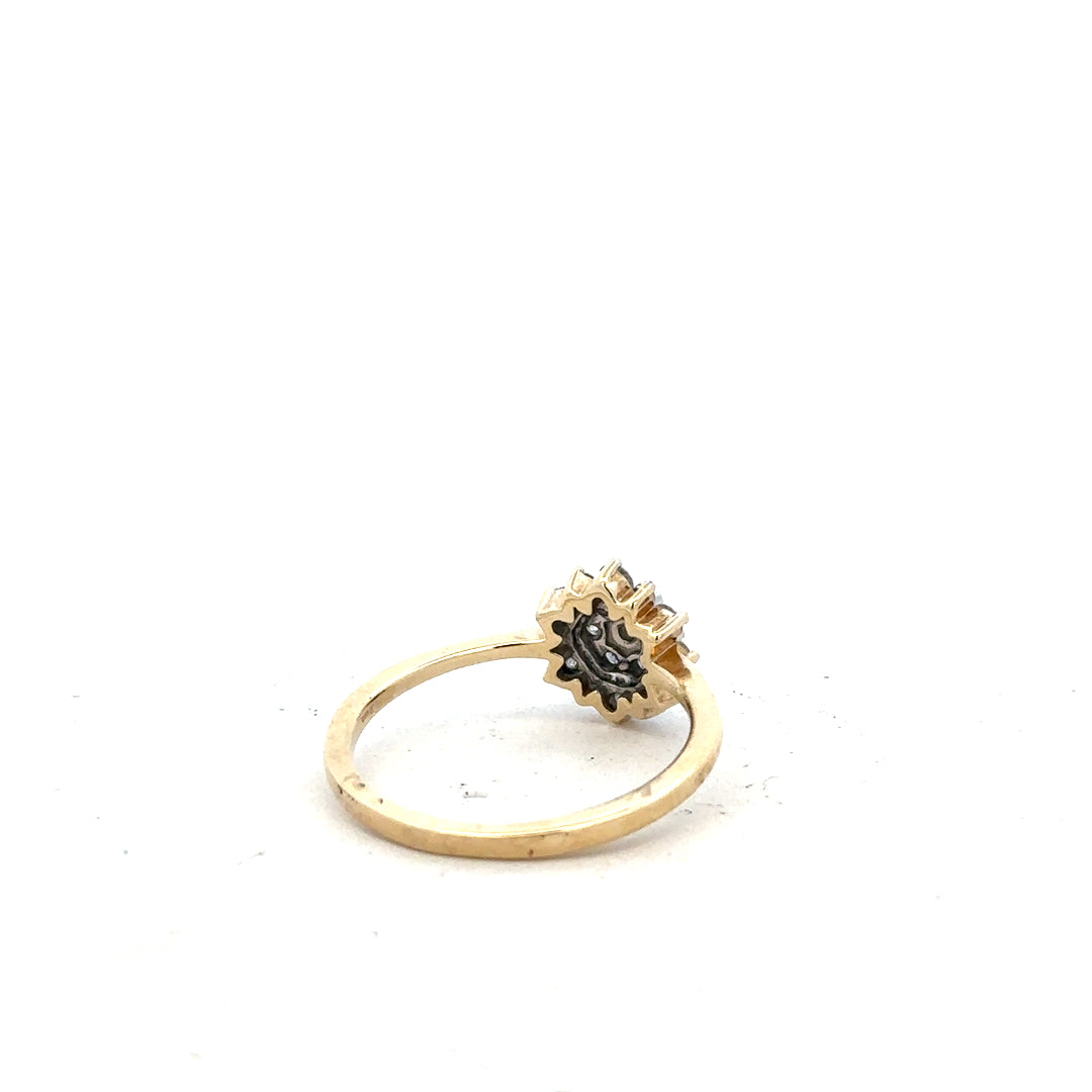 9ct yellow gold diamond ring in size R with sparkling diamonds, showcasing elegant craftsmanship and luxurious design.
